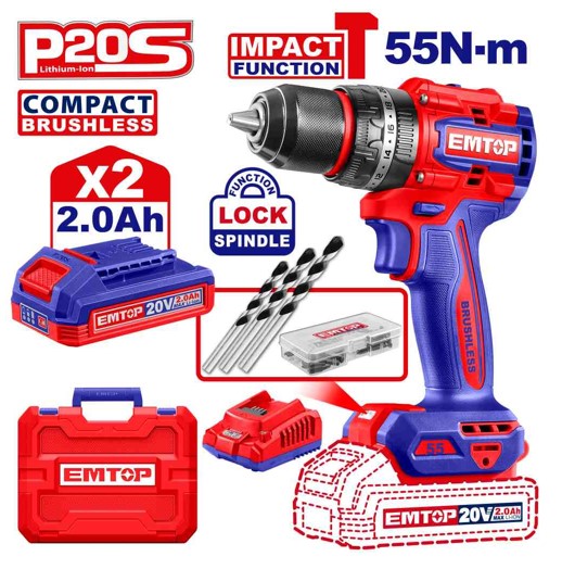 Compact Brushless 20V Cordless Impact Drill 55Nm 30000bpm 0-500/0-2000rpm 13mm Metal Chuck 22+1+1 Torque Settings with 2x2.0Ah Batteries Charger 47pcs Accessories